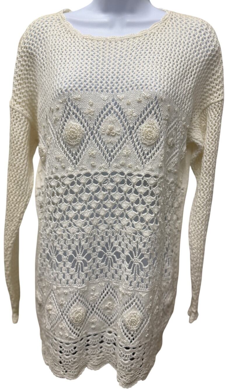 VTG HONEY Sweater PullOver Cotton Blend Knit Embroidered Crochet Long Sleeve M/L